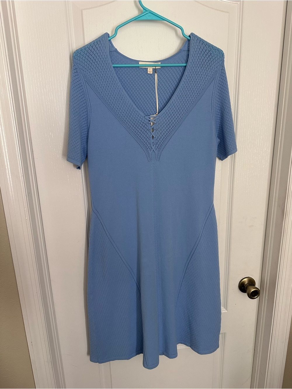 Etcetera Light Blue Lace-Up V-Neck Knit Dress Size L NWT